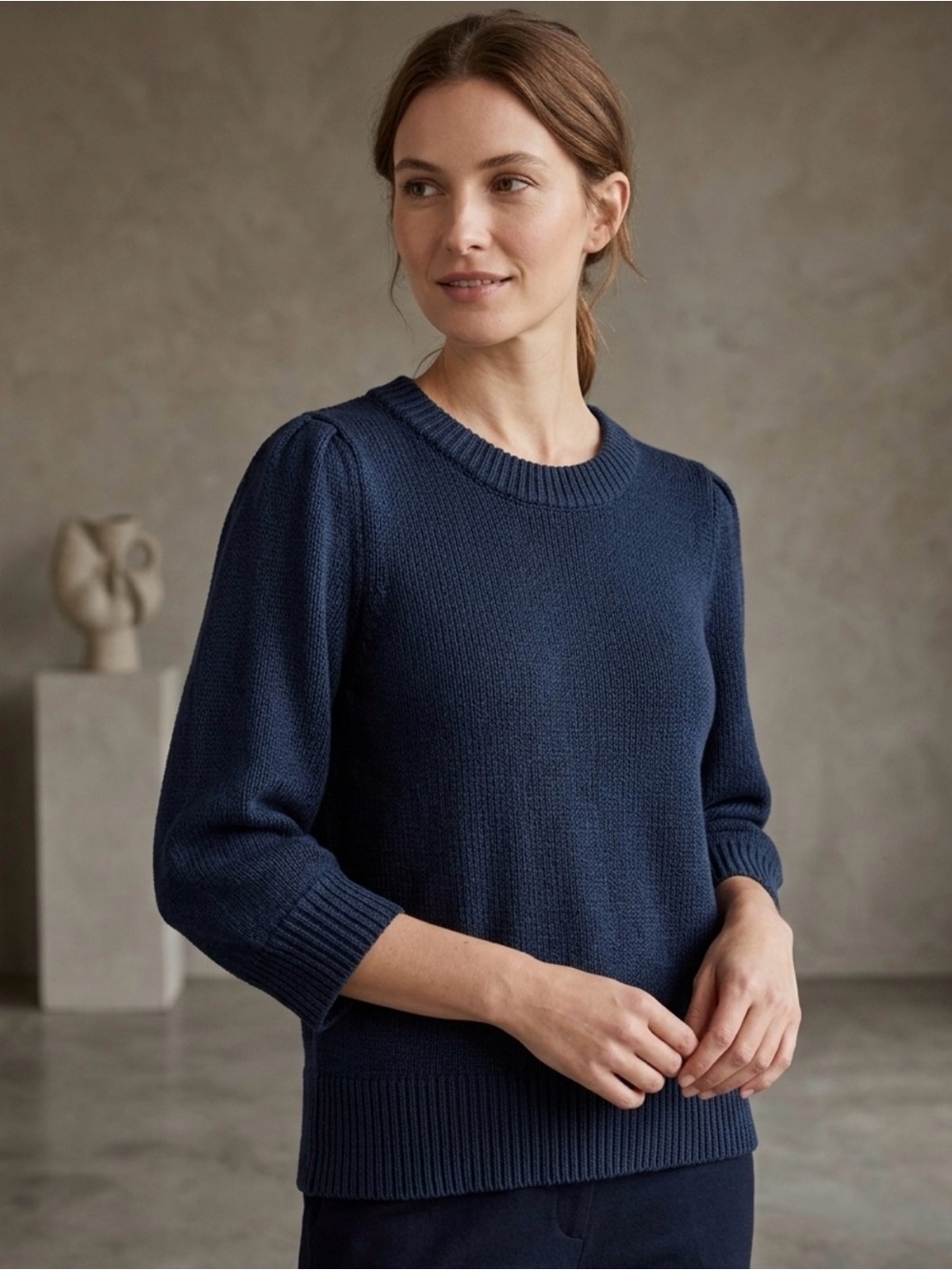 Evereve Navy Blue Organic Cotton Linen Puff Sleeve Crewneck Sweater Size S